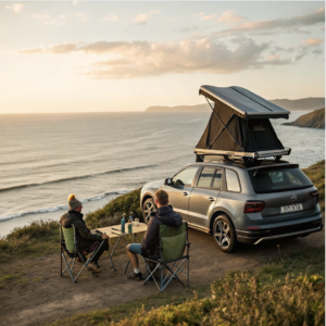 A person successfully installing a rooftop tent on an SUV in a sunny driveway.